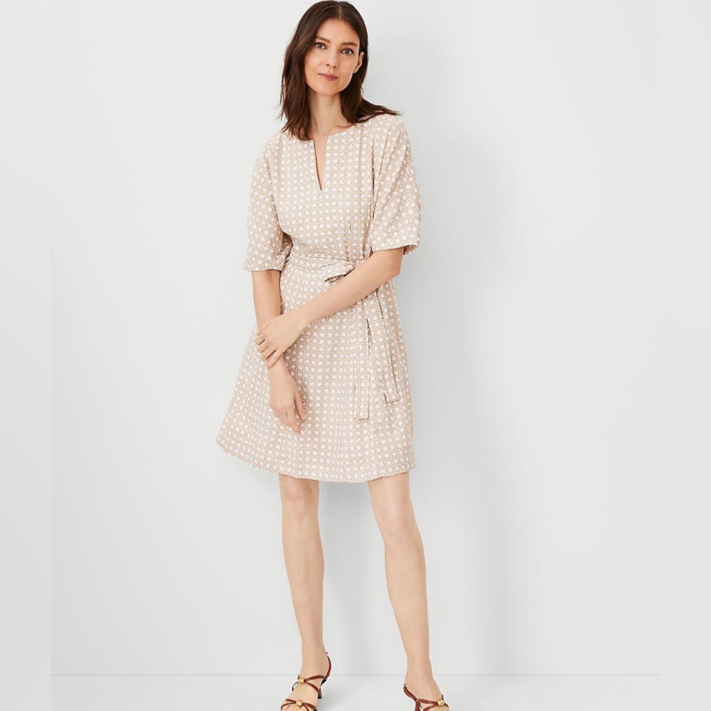 Ann Taylor Geometric Patterned Dress in Beige and White
